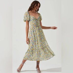 Astr the label IRMA YELLOW FLORAL PUFF SLEEVE MIDI DRESS